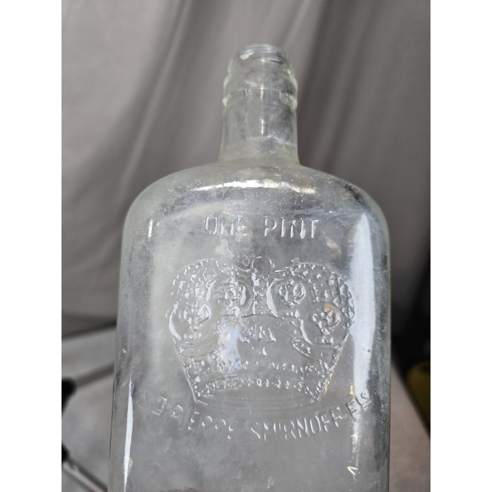 Vintage Embossed Crown Ste Pierre Smirnoff One Pint Vodka Whiskey Flask Bottle